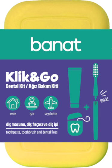 Banat Klik&Go komplet udhëtimi për higjienë orale — pastë dhëmbësh, furçë dhëmbësh dhe fill dentar