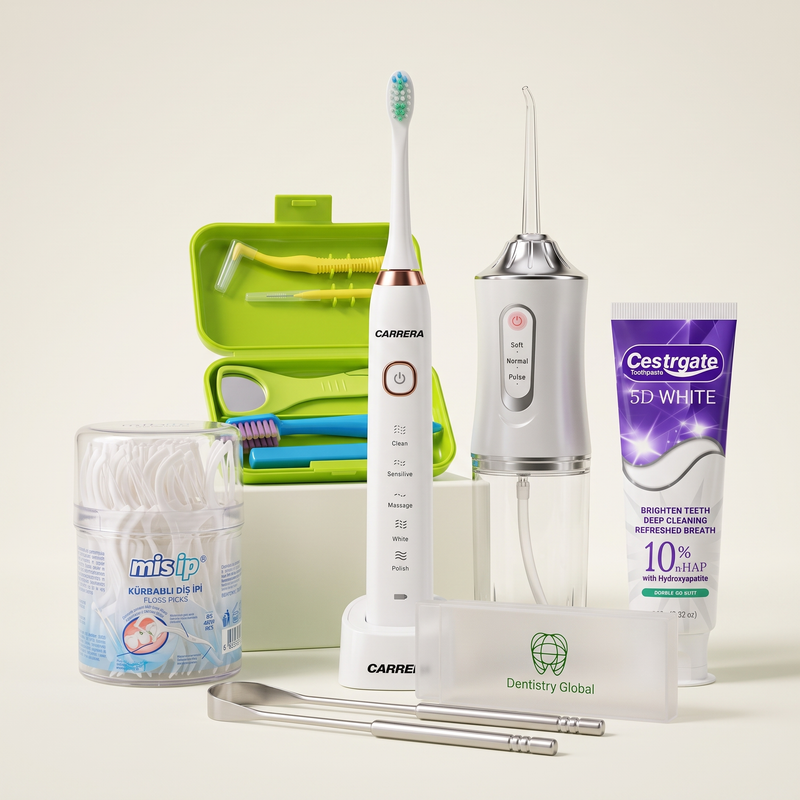 DentistryGlobal Complete Oral Care Kit — Carrera, Water Flosser, Premium Tongue Scraper, 5D White, Floss Picks dhe Travel Kit