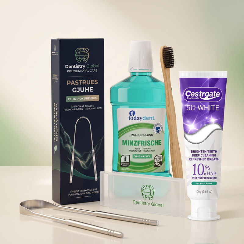 DentistryGlobal Fresh & Clean Oral Care — Premium Scraper, Today Dent Mouthwash, 5D White dhe Bamboo